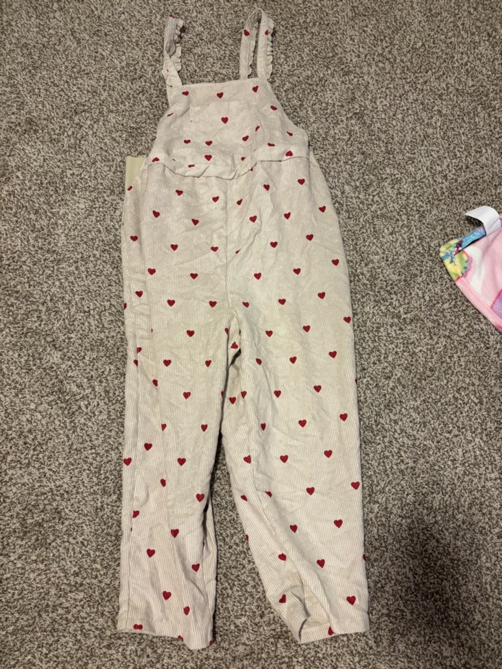 Women’s Maternity Cream Corduroy Overalls with Red Heart Print